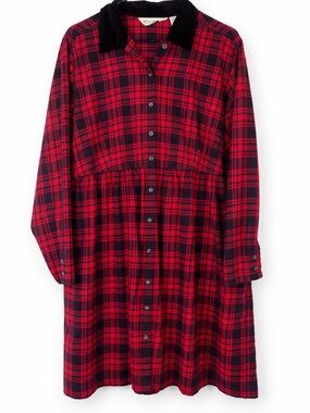 Eddie Bauer Red Black Plaid Babydoll Dress Large Cotton Long Sleeve